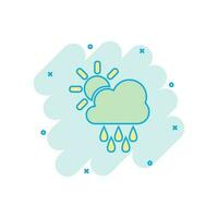 icono de pronóstico del tiempo de dibujos animados vectoriales en estilo cómico. sol con pictograma de ilustración de concepto de nubes. nube con concepto de efecto de salpicadura de negocio de lluvia. vector