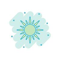 icono de sol de dibujos animados vectoriales en estilo cómico. pictograma de ilustración de concepto de sol de verano. concepto de efecto de salpicadura de negocio de sol. vector