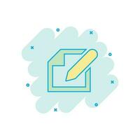 Vector cartoon notepad edit document with pencil icon in comic style. Notepad concept illustration pictogram. Document business splash effect concept.