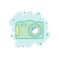 Cartoon colored photo camera icon in comic style. Photographer cam illustration pictogram. Camera sign splash business concept. vector