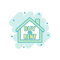 Cartoon colored buy or rent house icon in comic style. House illustration pictogram. Home sign splash business concept. vector