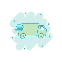 Cartoon colored truck, car icon in comic style. Fast delivery service shipping illustration pictogram. Car sign splash business concept. vector