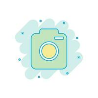 Cartoon colored photo camera icon in comic style. Photographer cam illustration pictogram. Camera sign splash business concept. vector