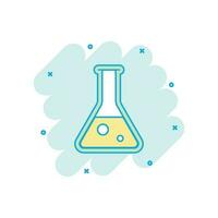 Cartoon colored chemical test tube icon in comic style. Laboratory glassware or beaker equipment illustration pictogram. Experiment flasks sign splash business concept. vector