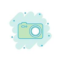 Cartoon colored photo camera icon in comic style. Photographer cam illustration pictogram. Camera sign splash business concept. vector