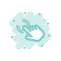 Cartoon colored click hand icon in comic style. Cursor finger illustration pictogram. Click sign splash business concept. vector