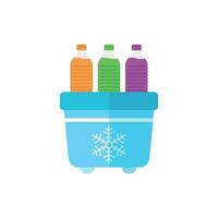 Portable fridge refrigerator with water bottle icon in flat style. Freezer bag container vector illustration on white isolated background. Fridge and soda drink business concept.