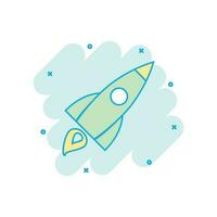 Cartoon colored rocket icon in comic style. Space shuttle illustration pictogram. Rocket sign splash business concept. vector