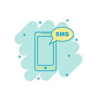 Cartoon colored smartphone with sms icon in comic style. Mobile phone illustration pictogram. Smartphone splash business concept. vector