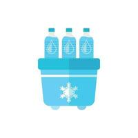 Portable fridge refrigerator with water bottle icon in flat style. Freezer bag container vector illustration on white isolated background. Fridge and soda drink business concept.