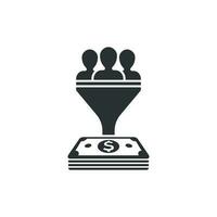 Lead management icon in flat style. Funnel with people, money vector illustration on white isolated background. Target client business concept.