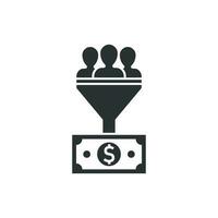 Lead management icon in flat style. Funnel with people, money vector illustration on white isolated background. Target client business concept.