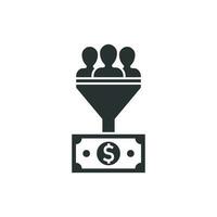 Lead management icon in flat style. Funnel with people, money vector illustration on white isolated background. Target client business concept.