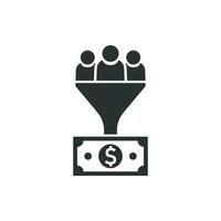 Lead management icon in flat style. Funnel with people, money vector illustration on white isolated background. Target client business concept.