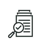 Scrutiny document plan icon in flat style. Review statement vector illustration on white isolated background. Document with magnifier loupe business concept.