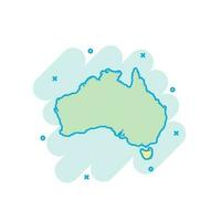icono de mapa de australia de color de dibujos animados en estilo cómico. pictograma de ilustración de signo de Australia. concepto de negocio de salpicaduras de geografía del país. vector