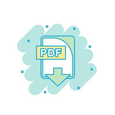 Cartoon colored PDF file icon in comic style. PDF download illustration pictogram. Document splash business concept.