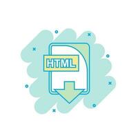 Cartoon colored HTML file icon in comic style. Html download illustration pictogram. Document splash business concept. vector