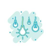 Cartoon colored light bulb icon in comic style. Bulb idea sign illustration pictogram. Lamp splash business concept. vector
