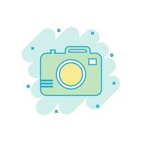 Cartoon colored photo camera icon in comic style. Photographer cam illustration pictogram. Camera sign splash business concept. vector