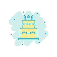 Cartoon colored birthday cake icon in comic style. Fresh pie muffin illustration pictogram. Cake sign splash business concept. vector