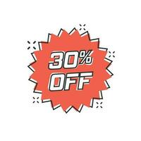 Vector cartoon discount sticker icon in comic style. Sale tag illustration pictogram. Promotion 30 percent discount splash effect concept.