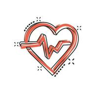Vector cartoon heartbeat line with heart icon in comic style. Heartbeat concept illustration pictogram. Heart rhythm business splash effect concept.