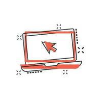 Vector cartoon laptop notebook with mouse cursor icon in comic style. Laptop screen illustration pictogram. Computer monitor business splash effect concept.