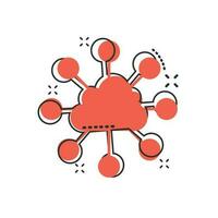 icono de tecnología de computación en nube de dibujos animados vectoriales en estilo cómico. pictograma de ilustración de análisis infográfico. concepto de efecto de salpicadura de negocio de red. vector