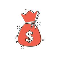 Vector cartoon money bag icon in comic style. Moneybag with dollar illustration pictogram. Money cash sack splash effect concept.