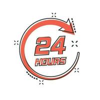 Vector cartoon twenty four hour clock icon in comic style. 24 7 service time concept illustration pictogram. Around the clock business splash effect concept.