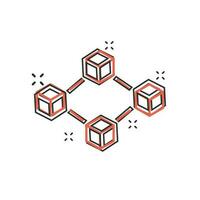 Vector cartoon blockchain technology icon in comic style. Cryptography cube block concept illustration pictogram. Blockchain algorithm business splash effect concept.