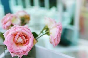 natural rosado rosas flor en florero soportes en mesa en un café para antecedentes foto