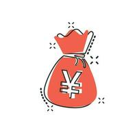 Vector cartoon yen, yuan bag money currency icon in comic style. Yen coin sack concept illustration pictogram. Asia money business splash effect concept.