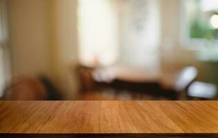 Empty wood table top and blur of out door garden background Empty wooden table space for text marketing promotion. blank wood table copy space for background photo