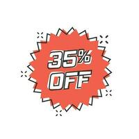 Vector cartoon discount sticker icon in comic style. Sale tag illustration pictogram. Promotion 35 percent discount splash effect concept.