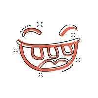 sonrisa de dibujos animados vectoriales con icono de lengua en estilo cómico. pictograma de ilustración de signo de cara de sonrisa. concepto de efecto de salpicadura de negocio de cara divertida. vector