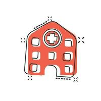 icono de edificio de hospital de dibujos animados de vector en estilo cómico. pictograma de ilustración de signo de clínica médica de enfermería. concepto de efecto de salpicadura de negocio de salud.