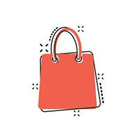 icono de bolsa de compras de dibujos animados vectoriales en estilo cómico. pictograma de ilustración de signo de bolsa de venta de tienda. concepto de efecto de salpicadura de negocio de regalo. vector