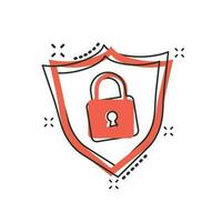 Vector cartoon lock with shield security icon in comic style. Padlock sign illustration pictogram. Shield business splash effect concept.