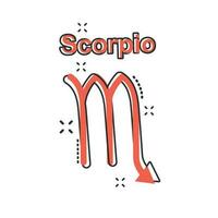 icono del zodiaco escorpio de dibujos animados vectoriales en estilo cómico. pictograma de ilustración de signo de astrología. concepto de efecto de salpicadura de negocio de horóscopo de escorpio. vector