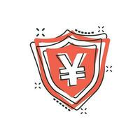 Vector cartoon yen, yuan shield money currency icon in comic style. Yen coin protection concept illustration pictogram. Asia money business splash effect concept.