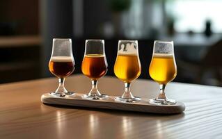 Glasses of different beer on wooden table in pub, closeup ai generated photo