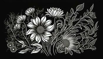 Black and white floral pattern with leaves, flower bouquets. White flowers and black background. AI Generated photo