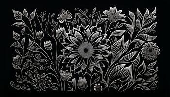 Black and white floral pattern with leaves, flower bouquets. White flowers and black background. AI Generated photo