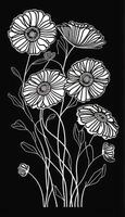 Black and white floral pattern with leaves, flower bouquets. White flowers and black background. AI Generated photo