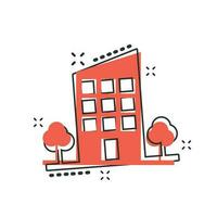 Vector cartoon building with trees in comic style. House sign illustration pictogram. Building business splash effect concept.