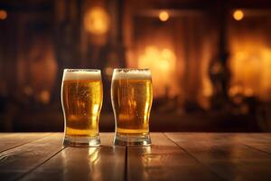 dos lentes de cerveza en un de madera mesa en un pub o restaurante ai generado foto