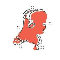 Vector cartoon Netherlands map icon in comic style. Netherlands sign illustration pictogram. Cartography map business splash effect concept.