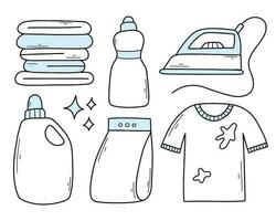 Set of laundry items in doodle style. Linear collection of laundry items. Vector illustration. Isolated elements on a white background.